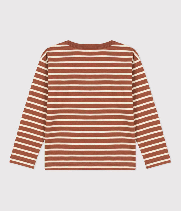 T-shirt bambino a maniche lunghe in cotone marrone/ecru