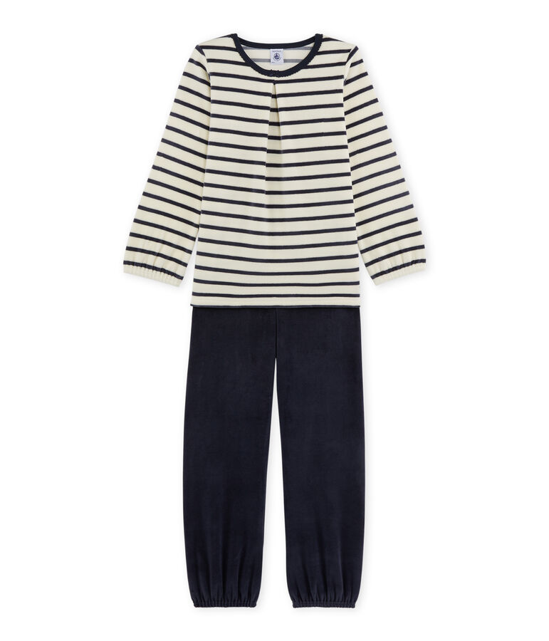 Pigiama per bambina in ciniglia beige COQUILLE/blu SMOKING