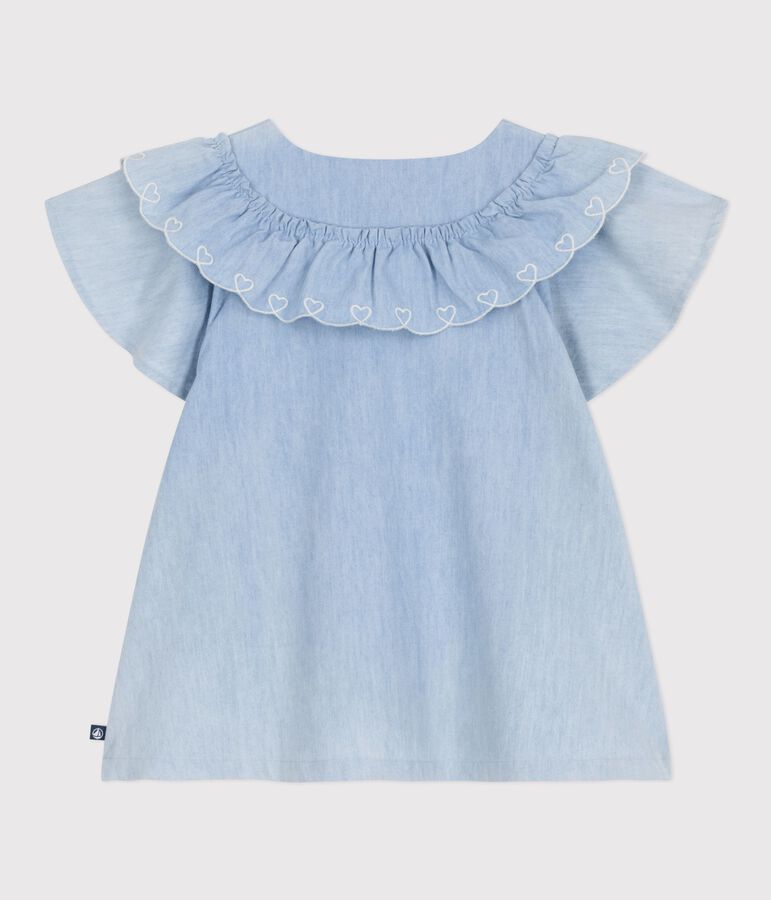 Blusa a maniche corte in cotone tinta unita bambina blu