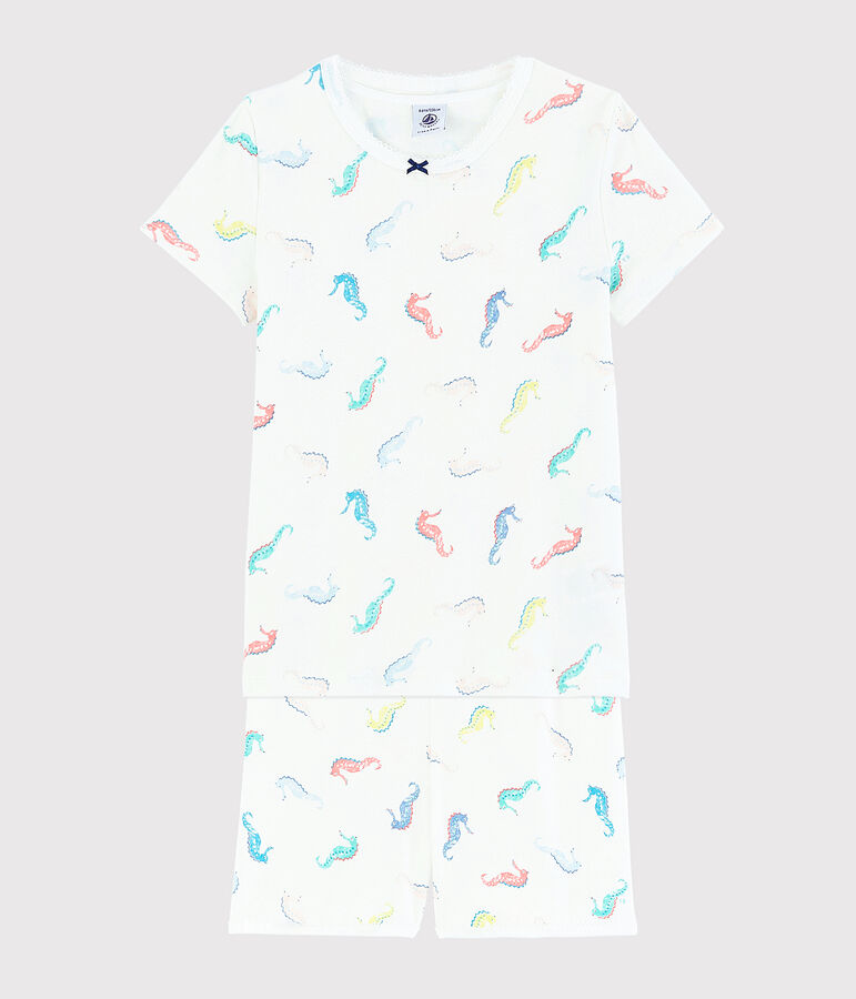 Pigiama corto fantasia cavallucci marini bambina in cotone bianco MARSHMALLOW/bianco MULTICO