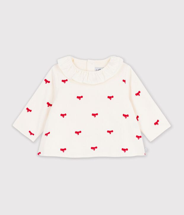 Blusa in velluto con motivo di fiocchi ricamati neonata ecru/rosso
