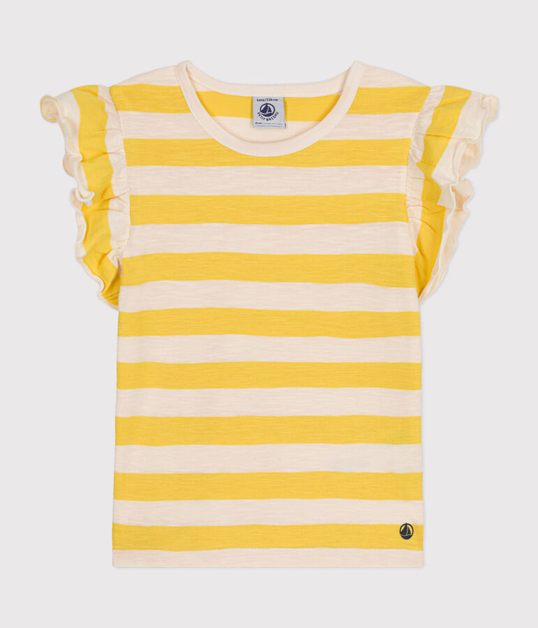 T-shirt bambina a righe in jersey fiammato giallo/ecru