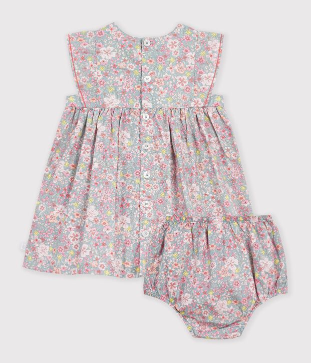 Abito neonata a maniche corte in cotone e bloomer abbinato con stampa a fiori blu/multicolore