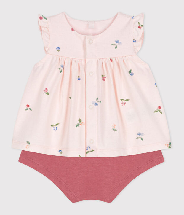 Completo nascita due pezzi in cotone con blusa a volant rosa/multicolore