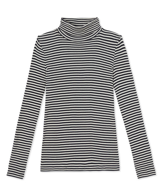 Dolcevita donna a righe in cotone ultra light blu SMOKING/beige COQUILLE