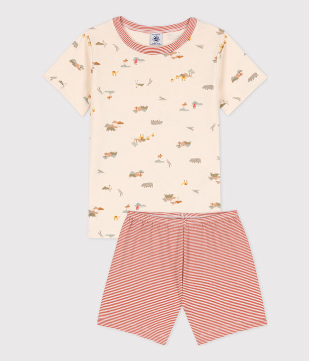 Pigiama corto bambino unisex in cotone con animali ecru/multicolore