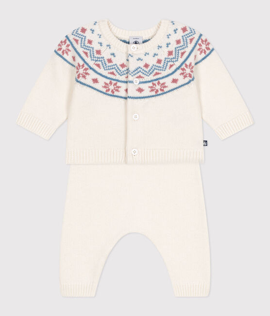 Completo 2 pezzi con cardigan in maglia jacquard neonato bianco MARSHMALLOW/rosa CHARME