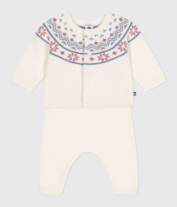 Completo 2 pezzi con cardigan in maglia jacquard neonato bianco/rosa