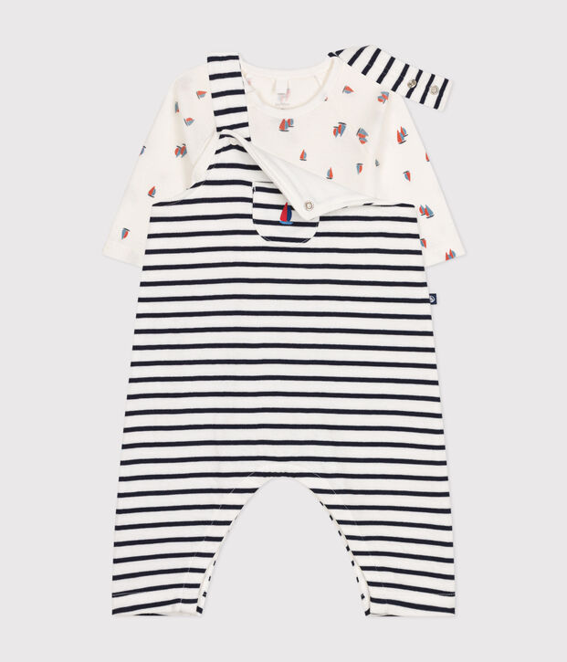 Set salopette e body in cotone neonato bianco/blu