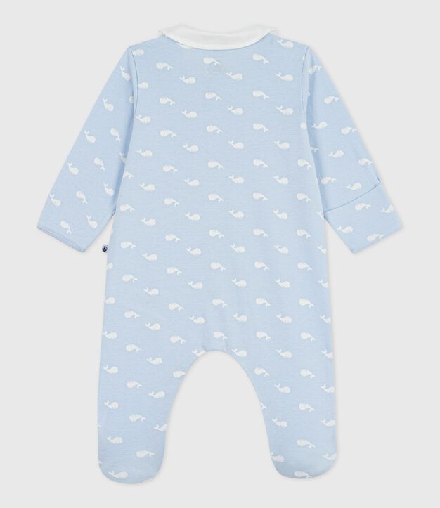 Pigiama neonato in cotone con colletto stampato con balena blu/bianco