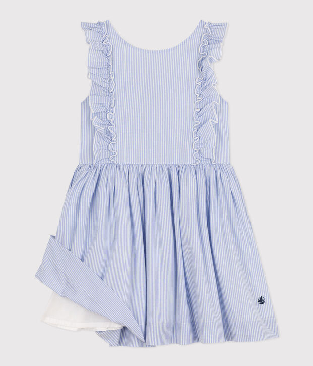 Abito bambina a righe in popeline blu/bianco/grigio