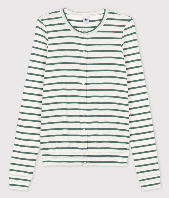 Cardigan iconico in cotone a righe Donna bianco MARSHMALLOW/verde VALLEE