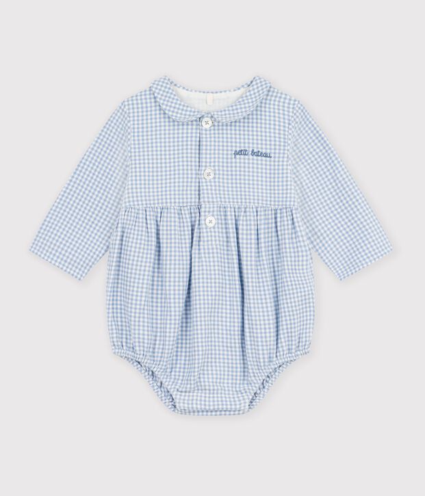 Tutina corta in cotone con colletto con stampa a quadretti vichy neonato blu/bianco