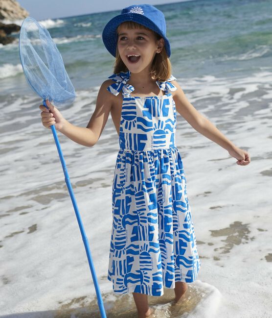 Abito lungo con spalline in cotone stampato bambina blu MARSHMALLOW/ PORCELANA