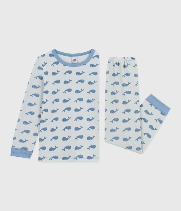 Pigiama bambino in ciniglia con balene stampate blu/blu