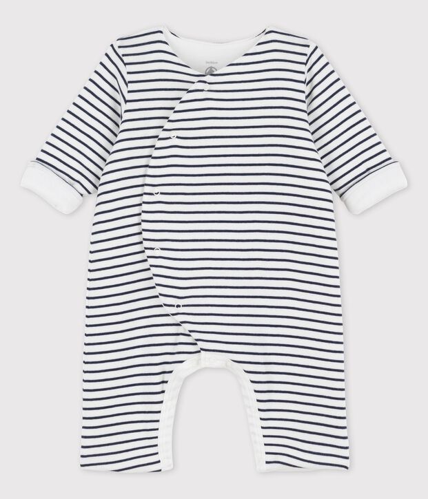 Tutina lunga beb&egrave; in cotone biologico a righe marini&egrave;re bianco/blu