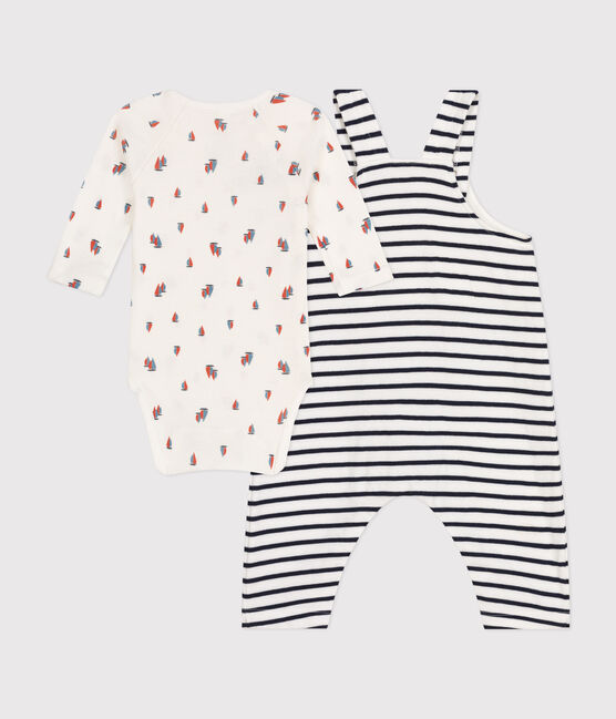 Set salopette e body in cotone neonato bianco MARSHMALLOW/blu SMOKING