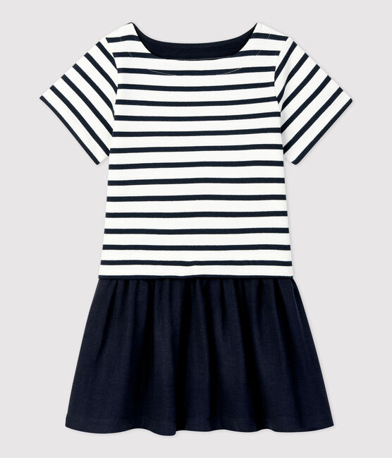 Abito bambina a maniche corte in bi-materiale a righe bianco MARSHMALLOW/blu SMOKING