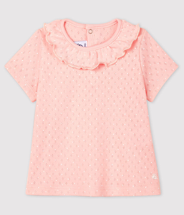 Blusa traforata manica corta in cotone beb&egrave; femmina rosa/bianco