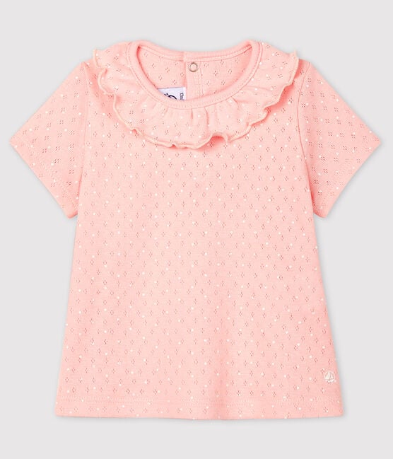 Blusa traforata manica corta in cotone bebè femmina rosa MINOIS/bianco ECUME