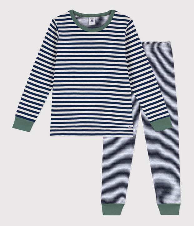 Pigiama millerighe bambina/bambino in tubique blu/beige