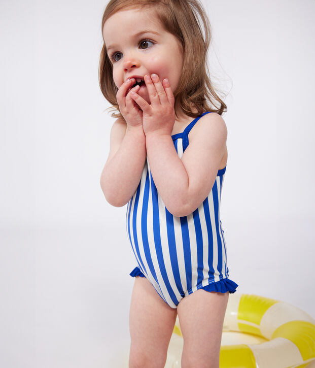 Costume da bagno intero a volant con stampa a righe neonato blu/bianco