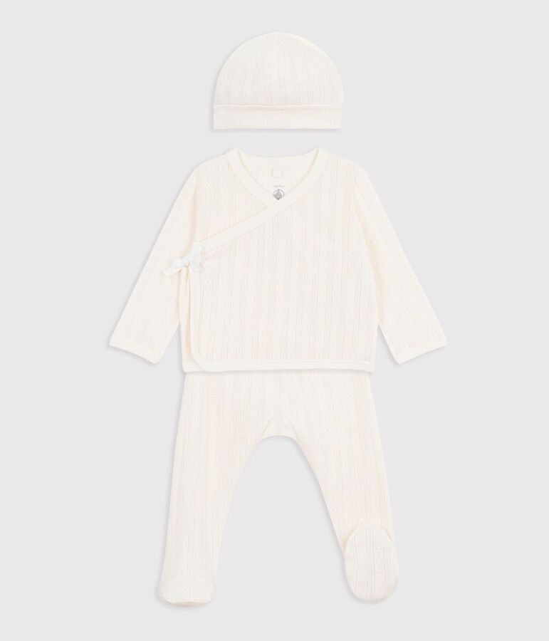 Set lungo 3 pezzi neonato in cotone traforato con cuffietta coordinata. ecru