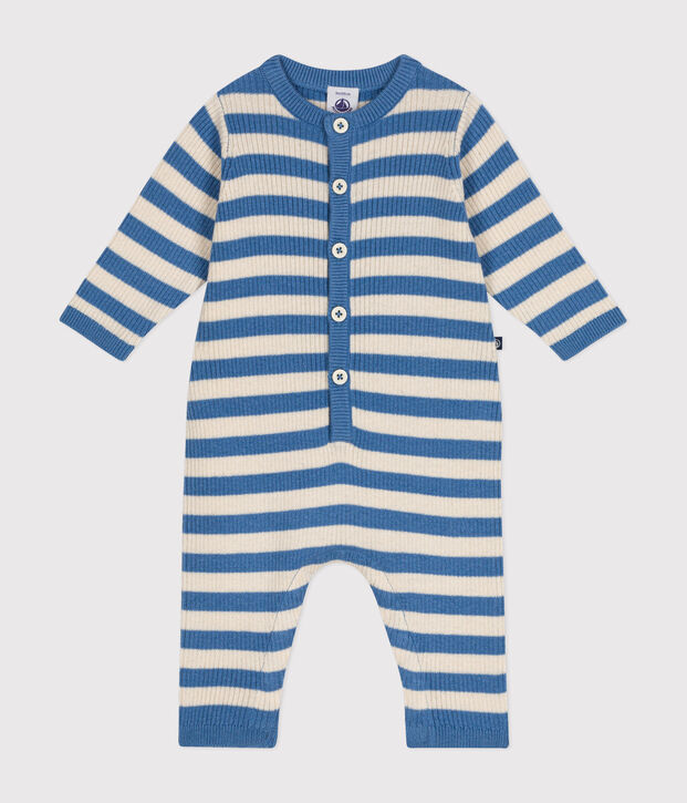 Tutina in maglia di lana e cotone a righe neonato blu/ecru