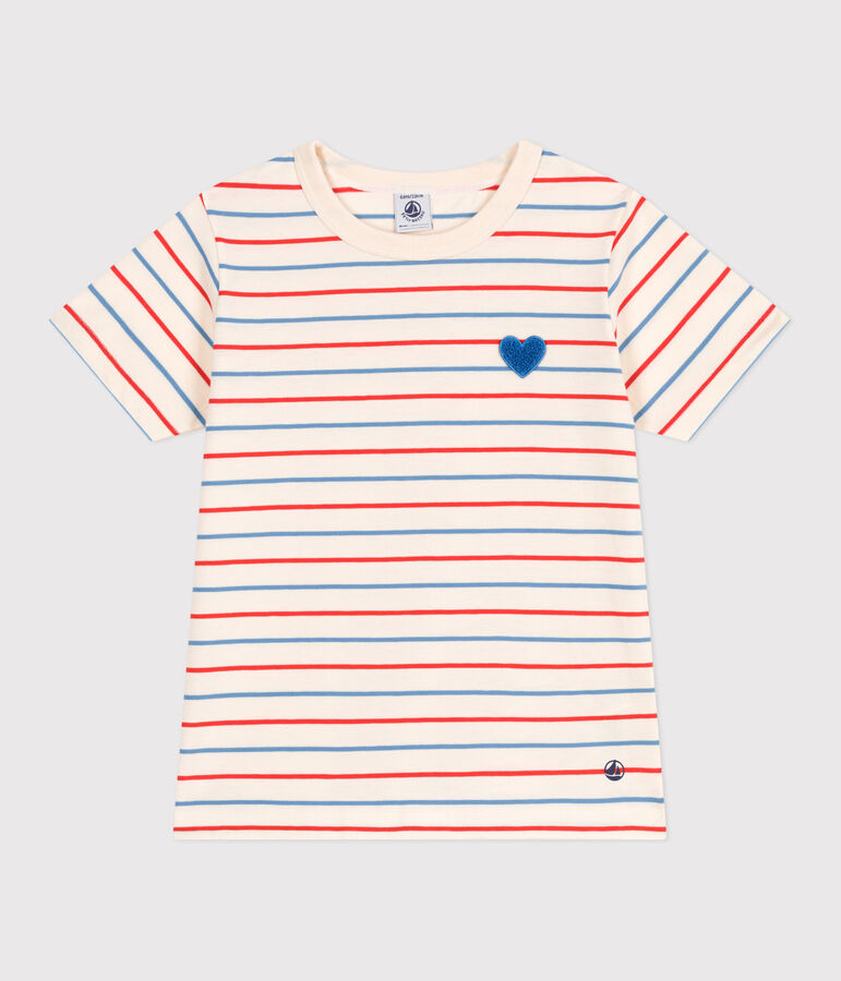 T-shirt bambina a maniche corte in cotone a righe con cuore bianco AVALANCHE/ MULTICO