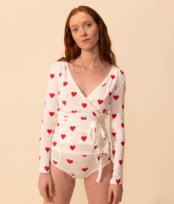 Cardigan scaldacuore in cotone BIO Donna bianco MARSHMALLOW/rosso TERKUIT