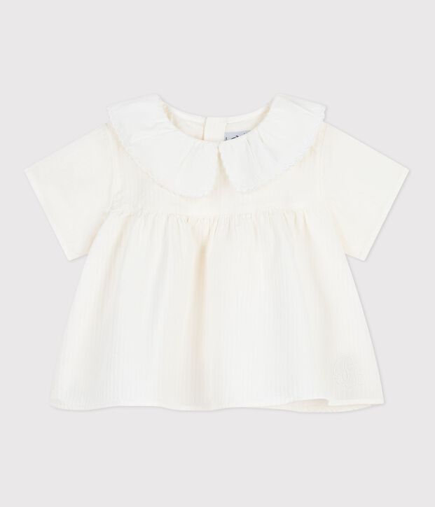 Blusa a maniche corte in popeline di cotone tinta unita neonata bianco