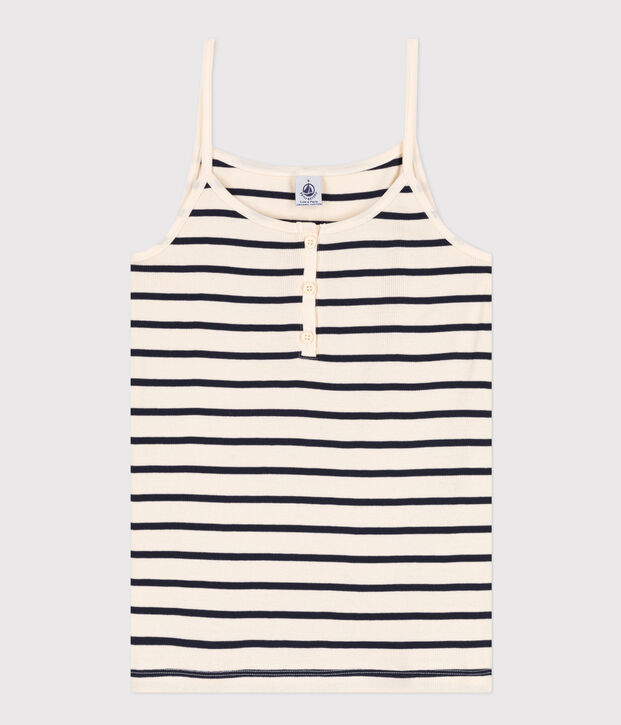 Canottiera con spalline in cotone Donna ecru/blu