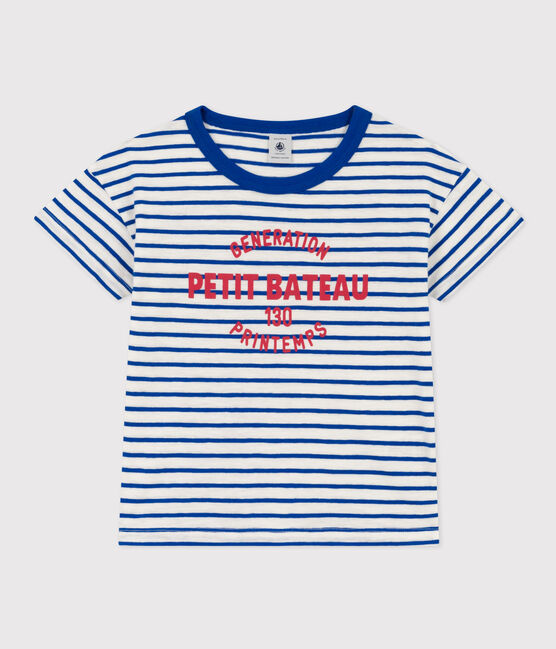 T-shirt a righe in cotone bambina - bambino bianco MARSHMALLOW/blu PERSE
