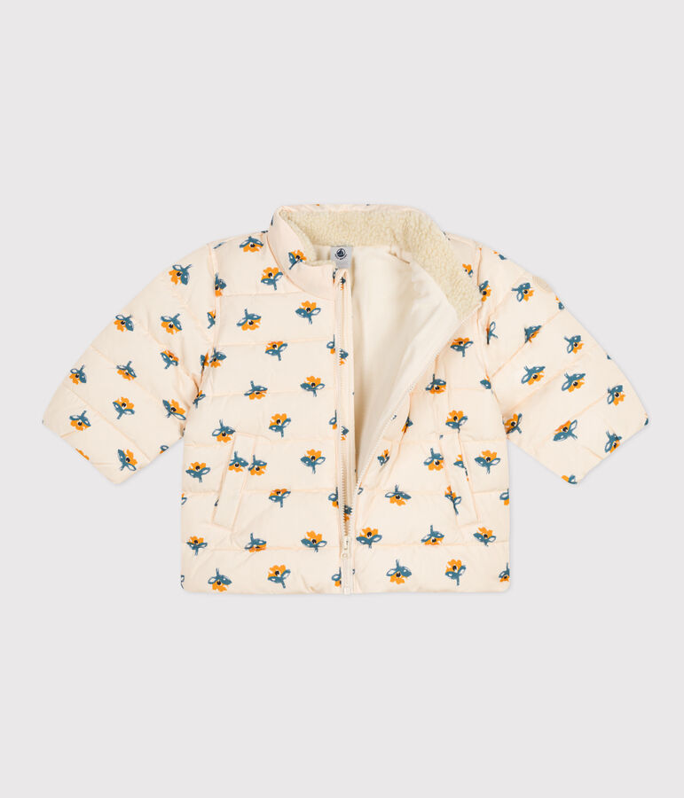 Piumino con stampa e cappuccio ripiegabile per beb&egrave; ecru/multicolore