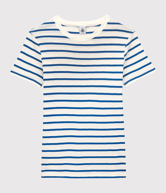 T-shirt L'ICONIQUE girocollo in cotone bio donna bianco MARSHMALLOW/blu DELFT