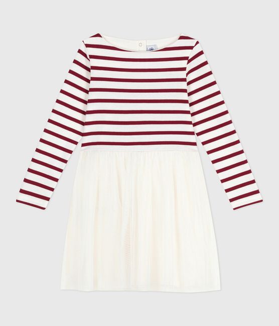 Abito a maniche lunghe in cotone e tulle bambina rosso MILK/ AMARANTE