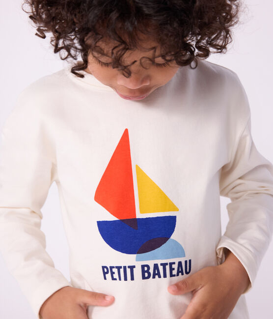 T-shirt a maniche lunghe in cotone con stampa bambino ecru MILK