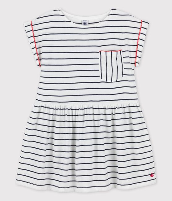 Abito bambina a maniche corte in cotone bianco MARSHMALLOW/blu SMOKING
