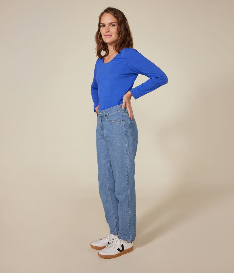 T-shirt Regular a maniche lunghe con scollo rotondo in jersey flamm&eacute; donna blu