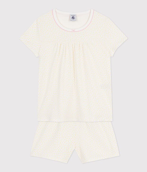 Pigiama corto in cotone arricciato con stampa a pois bambina giallo/bianco