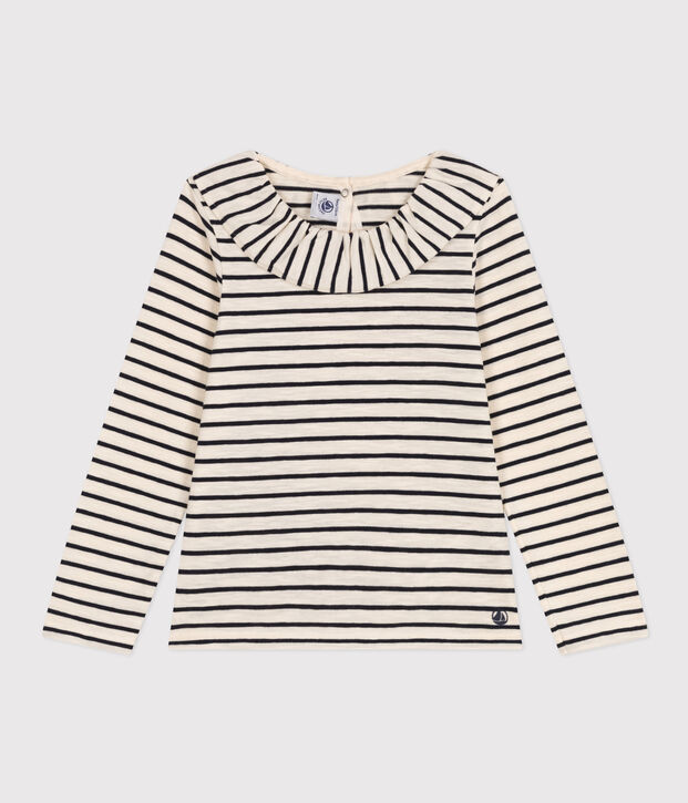 T-shirt maniche lunghe in jersey fiammato bambina ecru/blu