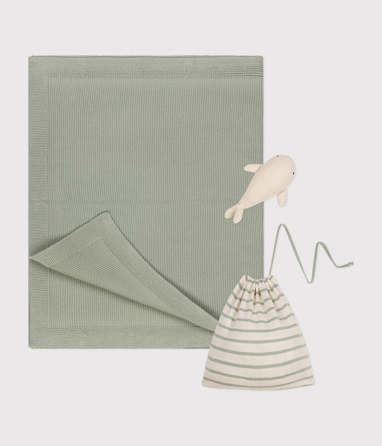 Copertina e doudou in tricot per neonato verde/bianco
