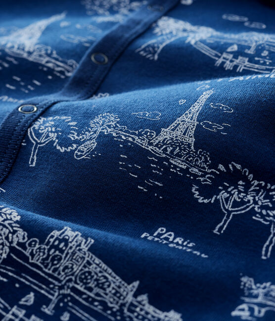 Tutina pigiama senza piedi tela di Jouy Parigi bebè in cotone blu MEDIEVAL/bianco ECUME