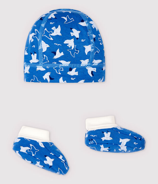 Confezione cappellino nascita e babbucce azzurre neonato in tubique di cotone biologico multicolore