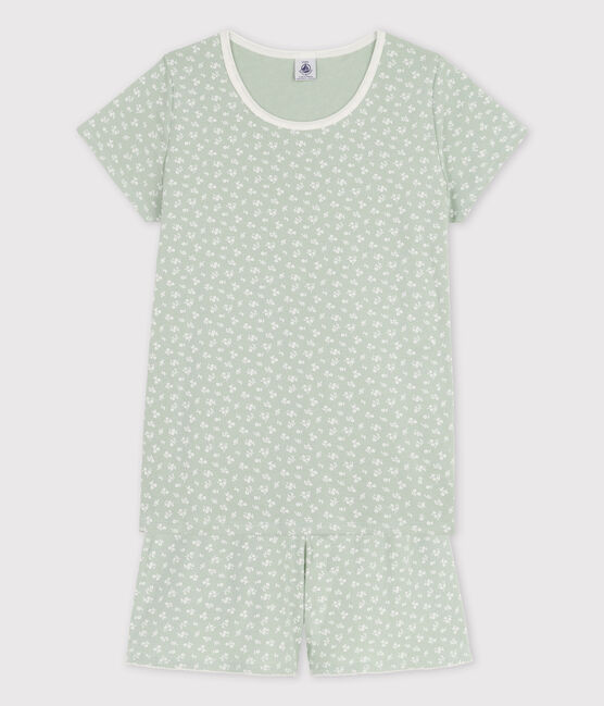 Pigiama corto a fiori bambina in cotone verde HERBIER/ MARSHMALLOW
