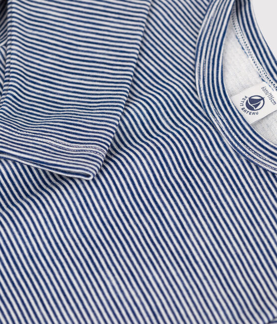 T-shirt a maniche lunghe millerighe in lana e cotone blu MEDIEVAL/bianco MARSHMALLOW