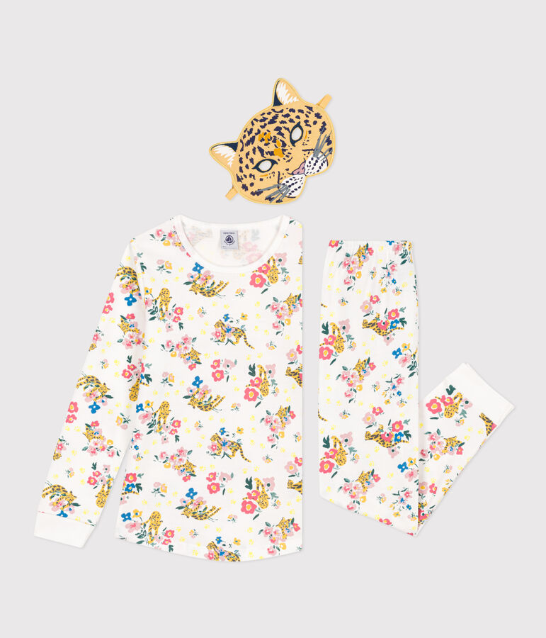Pigiama bambino travestimento fosforescente in cotone stampato con maschera da pantera bianco MARSHMALLOW/bianco MULTICO