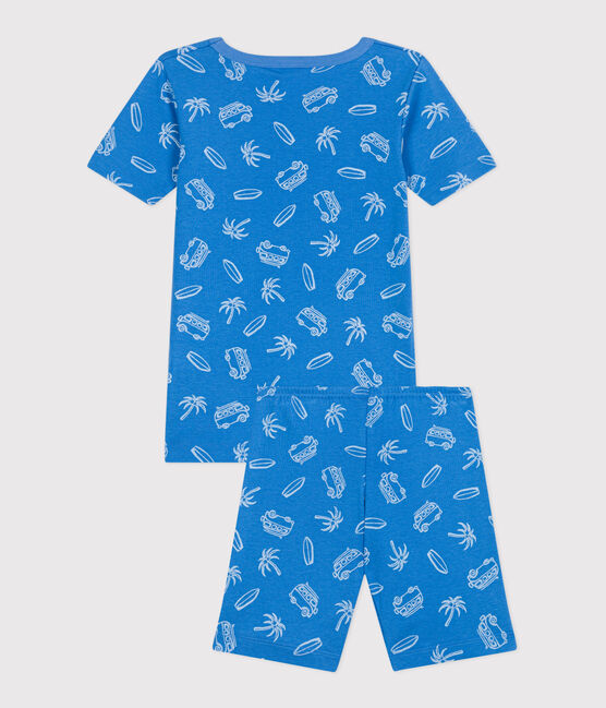Pigiama corto e molto aderente bambino in cotone con furgoni stampati blu BRASIER/grigio MARSHMALLOW