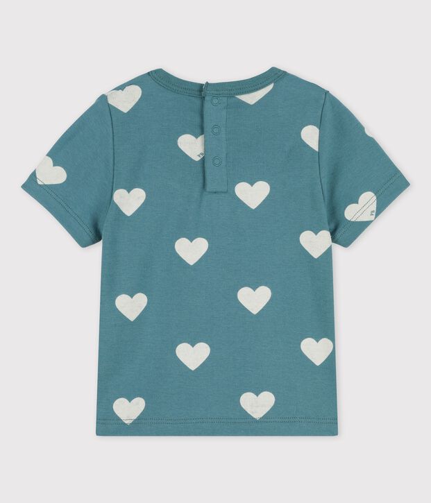 T-shirt beb&egrave; a maniche corte in cotone biologico con fantasia a cuori verde/ecru