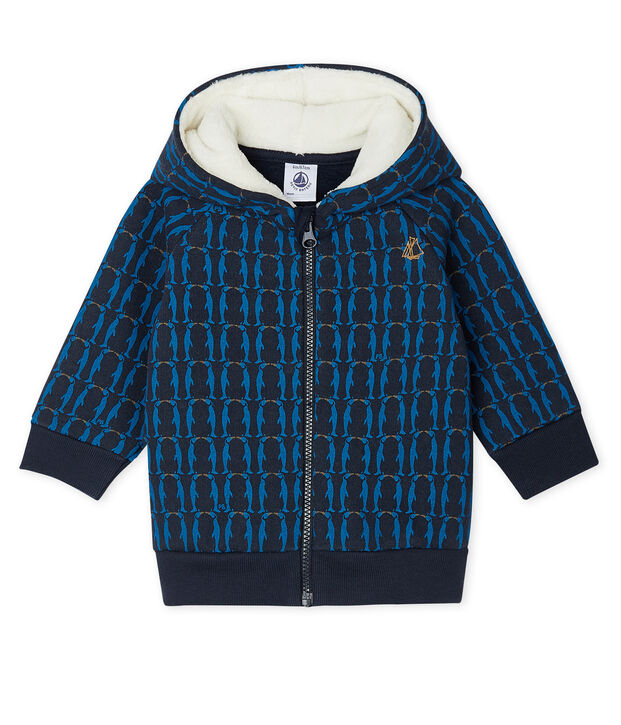 Felpa con cappuccio beb&egrave; maschio in molleton fantasia e doppiato in sherpa blu/multicolore
